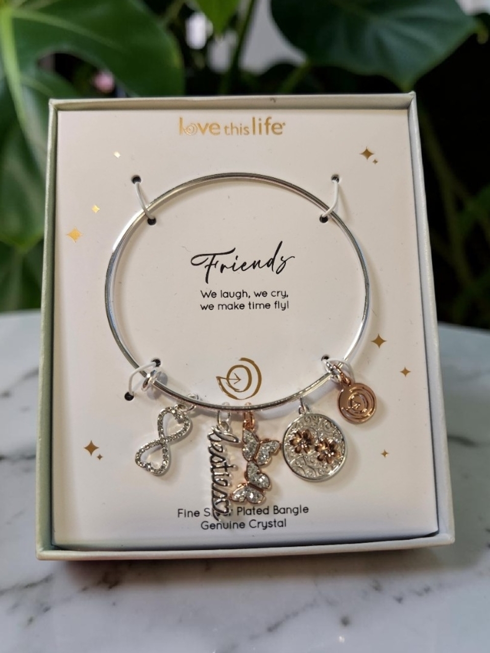 'Friends' Silver Bangle with Rose Gold & Crystal Charms NIB
